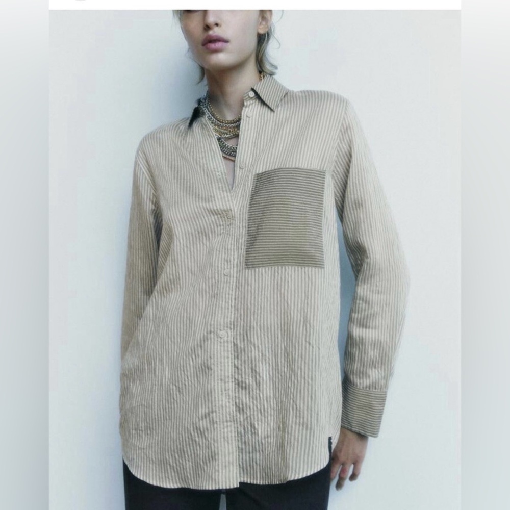 Zara striped colorblock neutral minimalist button down blouse size XL classic